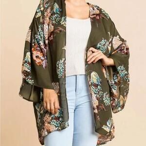 Umgee Olive Green Floral Print Kimono S/M